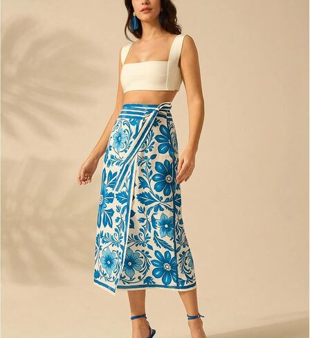 Womens Floral Wrap Midi Skirt Summer Adjustable Tie Side Casual High Waist A Line Beach Boho Long Flared Skirts in Kuwait