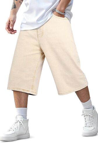 Heyfanee Mens Baggy Jean Shorts Stretch Loose Fit Denim Shorts Below Knee 15 Inch Inseam in Kuwait