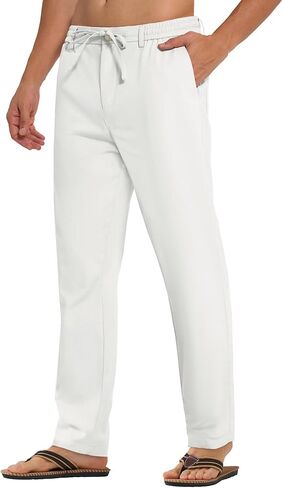 PLEPAN Mens Linen Pants Elastic Waist Drawstring Casual Linen Dress Pants Summer Beach Lightweight Trousers in Saudi Arabia