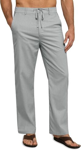 Mens Linen Pants Casual Linen Dress Pants Drawstring Summer Beach Lightweight Trousers with 4 Pockets in Kuwait