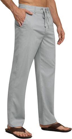 Mens Linen Pants Casual Linen Dress Pants Drawstring Summer Beach Lightweight Trousers with 4 Pockets in Kuwait