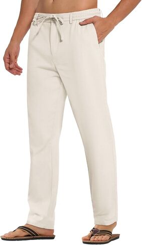 PLEPAN Mens Linen Pants Elastic Waist Drawstring Casual Linen Dress Pants Summer Beach Lightweight Trousers in Saudi Arabia