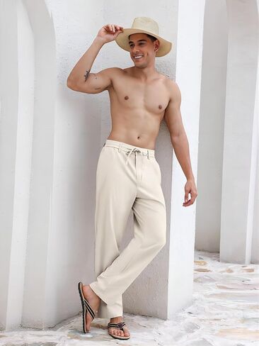 PLEPAN Mens Linen Pants Elastic Waist Drawstring Casual Linen Dress Pants Summer Beach Lightweight Trousers in Saudi Arabia