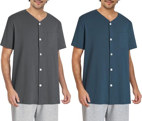 Esenchel Men's Button Up Pajama Shirt Cotton Sleep Top 2 Pack in Saudi Arabia