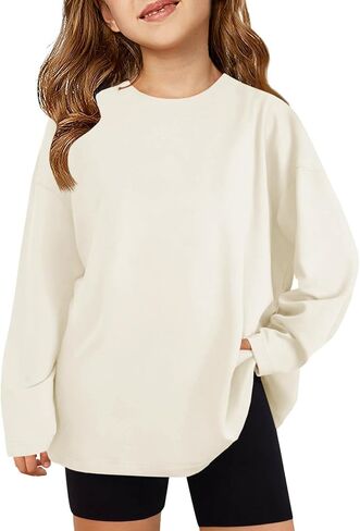 ZDC Girls Oversized Tshirts Kids Long Sleeve Crewneck Shirts Fall Tops Tees 5-14Years in Saudi Arabia