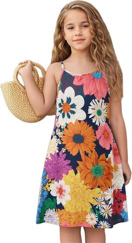 New 6-14 Years Girls Summer Dress Casual Spaghetti Strap A-Line Sundress with Adjustable Straps in Saudi Arabia