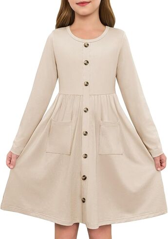 Girls Dresses Kids Button Down Midi Long Sleeve Casual A Line Dress with Pockets 4-14 Years in Saudi Arabia