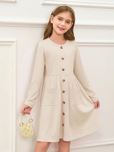 Girls Dresses Kids Button Down Midi Long Sleeve Casual A Line Dress with Pockets 4-14 Years in Saudi Arabia