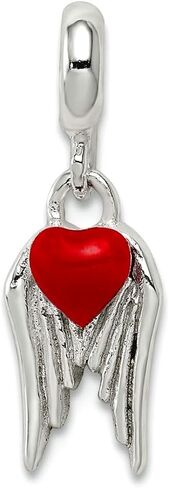 925 Sterling Silver Polished Artisan Oxidized Red Enamled Love Heart With Angel Wings Enhancer Charm 19x7mm Wide Pendant Necklace for Women in Saudi Arabia