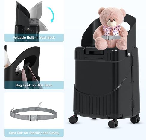 22" Carry-On Luggage with Seat for Kids & Adults, Lightweight Hardside Ride-On Suitcase with Front Opening, TSA Lock, 360° Spinner Wheels, Black in Kuwait