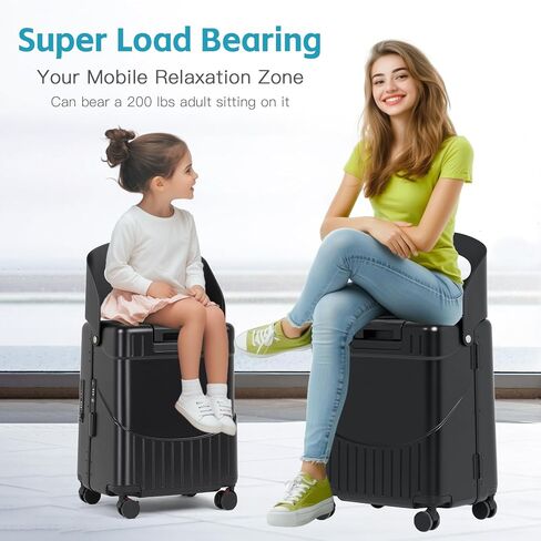 22" Carry-On Luggage with Seat for Kids & Adults, Lightweight Hardside Ride-On Suitcase with Front Opening, TSA Lock, 360° Spinner Wheels, Black in Kuwait