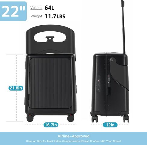 22" Carry-On Luggage with Seat for Kids & Adults, Lightweight Hardside Ride-On Suitcase with Front Opening, TSA Lock, 360° Spinner Wheels, Black in Kuwait