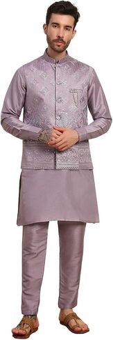 Mens Heavy Cotton Silk Sequence Kurta Trouser Set With Waistcoat (Nehru Jacket) (C-118) in Saudi Arabia