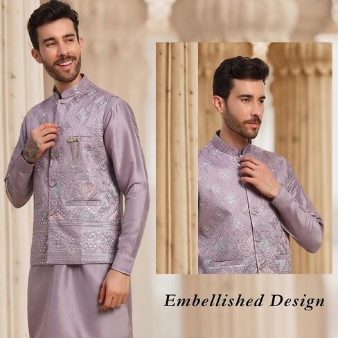 Mens Heavy Cotton Silk Sequence Kurta Trouser Set With Waistcoat (Nehru Jacket) (C-118) in Saudi Arabia