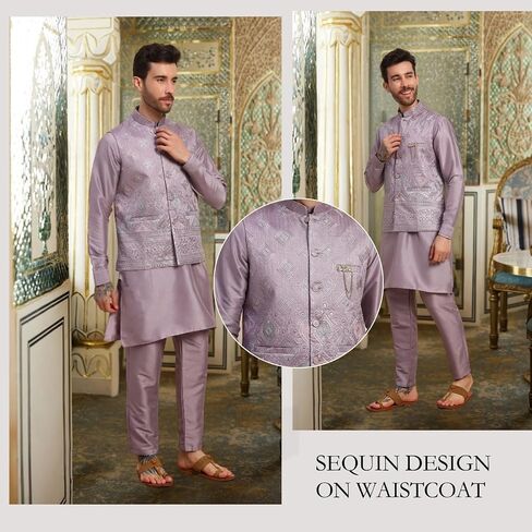 Mens Heavy Cotton Silk Sequence Kurta Trouser Set With Waistcoat (Nehru Jacket) (C-118) in Saudi Arabia