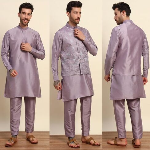Mens Heavy Cotton Silk Sequence Kurta Trouser Set With Waistcoat (Nehru Jacket) (C-118) in Saudi Arabia