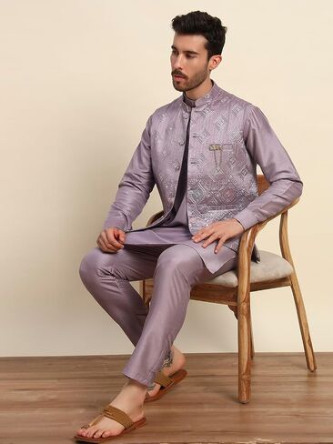 Mens Heavy Cotton Silk Sequence Kurta Trouser Set With Waistcoat (Nehru Jacket) (C-118) in Saudi Arabia