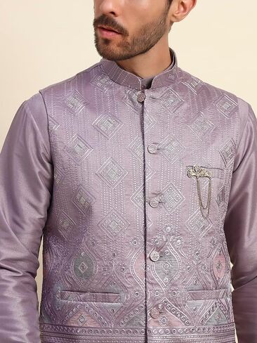 Mens Heavy Cotton Silk Sequence Kurta Trouser Set With Waistcoat (Nehru Jacket) (C-118) in Saudi Arabia