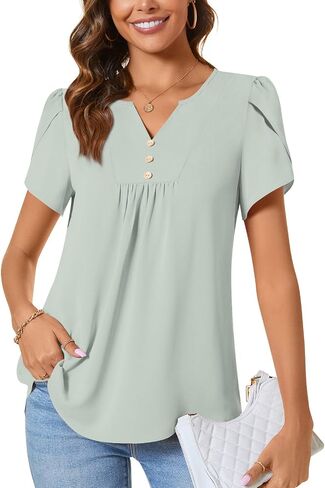 CATHY Women's Fashion Clothes Petal Short Sleeve Tunic Tops Dressy Summer Blouses V-Neck Button Cute Shirts, L, Floret White in Kuwait
