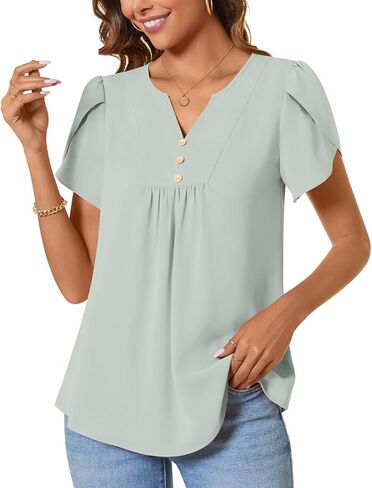 CATHY Women's Fashion Clothes Petal Short Sleeve Tunic Tops Dressy Summer Blouses V-Neck Button Cute Shirts, L, Floret White in Kuwait