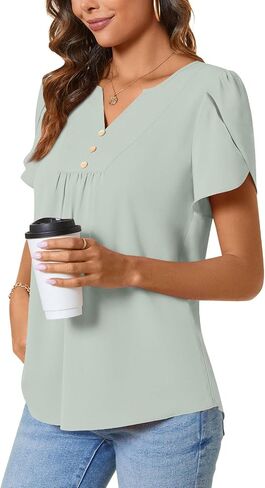 CATHY Women's Fashion Clothes Petal Short Sleeve Tunic Tops Dressy Summer Blouses V-Neck Button Cute Shirts, L, Floret White in Kuwait