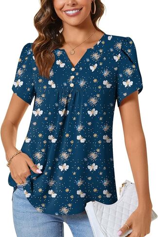 CATHY Women's Fashion Clothes Petal Short Sleeve Tunic Tops Dressy Summer Blouses V-Neck Button Cute Shirts, L, Floret White in Kuwait