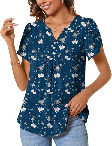 CATHY Women's Fashion Clothes Petal Short Sleeve Tunic Tops Dressy Summer Blouses V-Neck Button Cute Shirts, L, Floret White in Kuwait