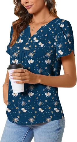 CATHY Women's Fashion Clothes Petal Short Sleeve Tunic Tops Dressy Summer Blouses V-Neck Button Cute Shirts, L, Floret White in Kuwait