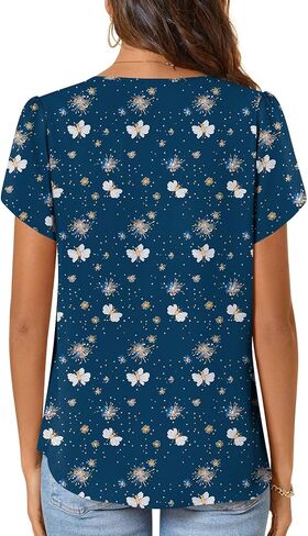 CATHY Women's Fashion Clothes Petal Short Sleeve Tunic Tops Dressy Summer Blouses V-Neck Button Cute Shirts, L, Floret White in Kuwait