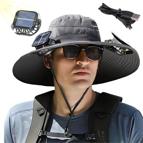 Solar Fan Hat,Wide Brim Solar Fan Outdoor Fishing Hat,Mens Sun Hat with 2 Fan, Waterproof Outdoor Hiking Camping Fishing Hat(Grey) in Saudi Arabia