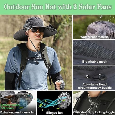 Solar Fan Hat,Wide Brim Solar Fan Outdoor Fishing Hat,Mens Sun Hat with 2 Fan, Waterproof Outdoor Hiking Camping Fishing Hat(Grey) in Saudi Arabia