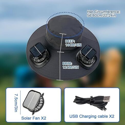 Solar Fan Hat,Wide Brim Solar Fan Outdoor Fishing Hat,Mens Sun Hat with 2 Fan, Waterproof Outdoor Hiking Camping Fishing Hat(Grey) in Saudi Arabia