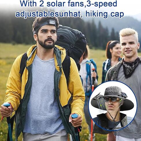 Solar Fan Hat,Wide Brim Solar Fan Outdoor Fishing Hat,Mens Sun Hat with 2 Fan, Waterproof Outdoor Hiking Camping Fishing Hat(Grey) in Saudi Arabia