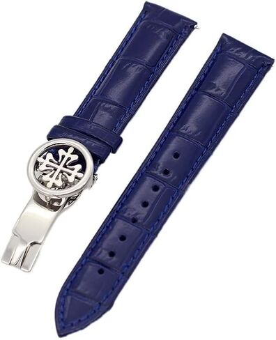 Genuine Leather Watch Strap 19MM 20MM 22MM Watchbands for Patek Philippe Wath Bands with Stainless Steel Deploy Clasp Men Women (Color : Blue Silver Clasp, Size : 19mm) in Saudi Arabia