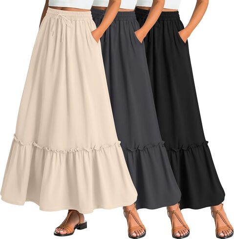 Ficerd 3 Pack Women's Boho Maxi Skirts, Long Tiered Skirt Flowy Ruffle High Waist Drawsting Casual Dress with Pockets in Saudi Arabia