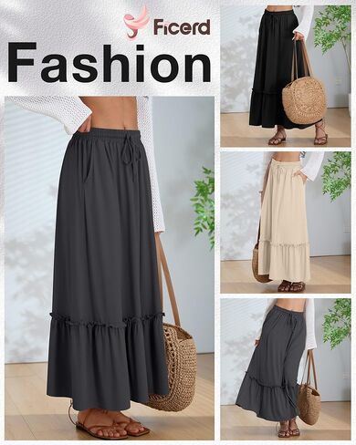 Ficerd 3 Pack Women's Boho Maxi Skirts, Long Tiered Skirt Flowy Ruffle High Waist Drawsting Casual Dress with Pockets in Saudi Arabia