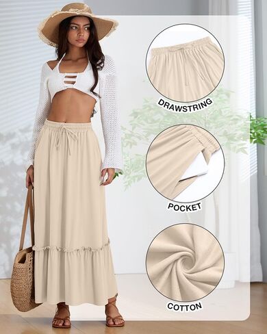 Ficerd 3 Pack Women's Boho Maxi Skirts, Long Tiered Skirt Flowy Ruffle High Waist Drawsting Casual Dress with Pockets in Saudi Arabia