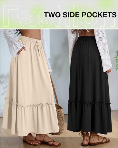 Ficerd 3 Pack Women's Boho Maxi Skirts, Long Tiered Skirt Flowy Ruffle High Waist Drawsting Casual Dress with Pockets in Saudi Arabia