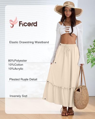 Ficerd 3 Pack Women's Boho Maxi Skirts, Long Tiered Skirt Flowy Ruffle High Waist Drawsting Casual Dress with Pockets in Saudi Arabia
