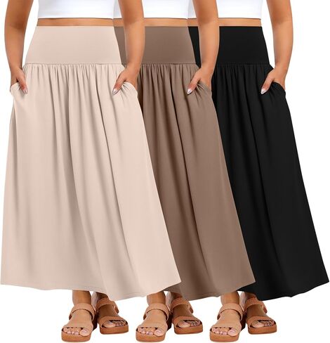 Ficerd 3 Pack Plus Size Maxi Long Skirts for Curvy Women, Ankle Length a Line Pleated High Waisted Summer Skirts with Pocket in Saudi Arabia
