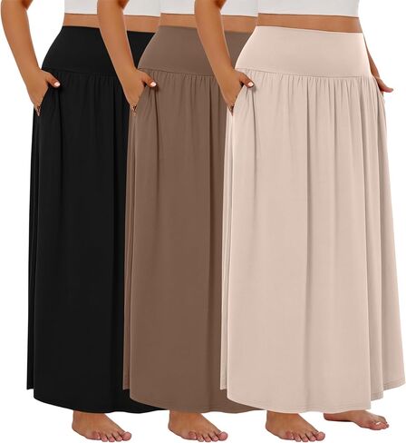 Ficerd 3 Pack Plus Size Maxi Long Skirts for Curvy Women, Ankle Length a Line Pleated High Waisted Summer Skirts with Pocket in Saudi Arabia