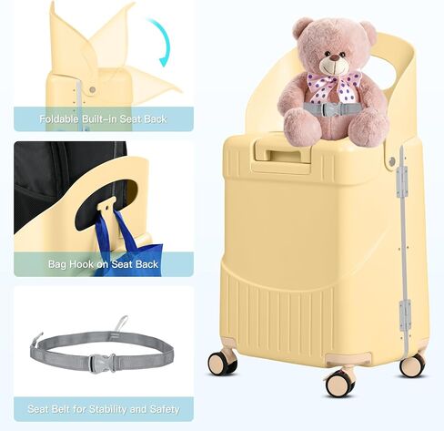 22" Carry-On Luggage with Seat for Kids & Adults, Lightweight Hardside Ride-On Suitcase with Front Opening, TSA Lock, 360° Spinner Wheels, Black in Kuwait