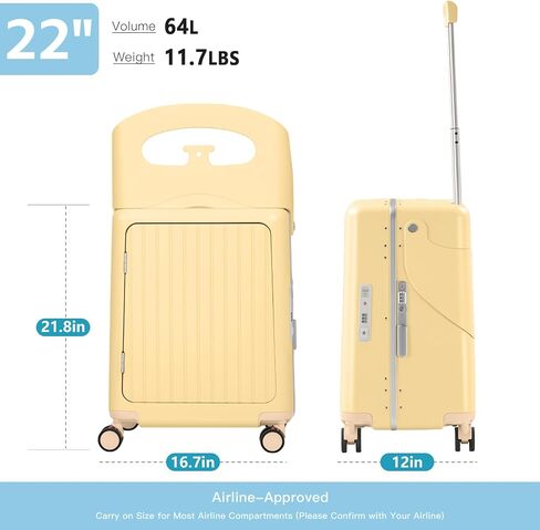 22" Carry-On Luggage with Seat for Kids & Adults, Lightweight Hardside Ride-On Suitcase with Front Opening, TSA Lock, 360° Spinner Wheels, Black in Kuwait