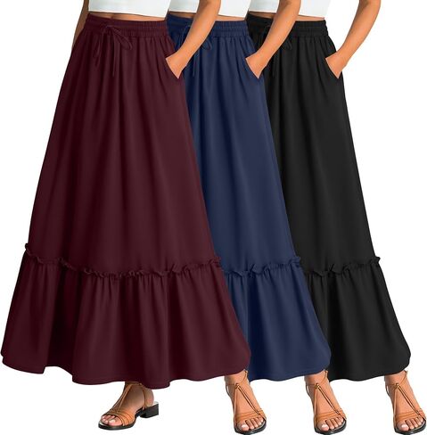 Ficerd 3 Pack Women's Boho Maxi Skirts, Long Tiered Skirt Flowy Ruffle High Waist Drawsting Casual Dress with Pockets in Saudi Arabia