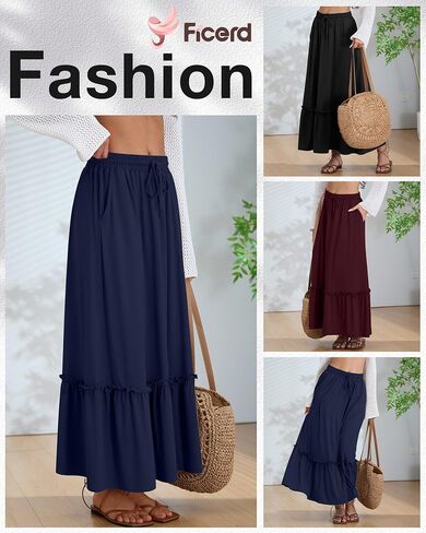 Ficerd 3 Pack Women's Boho Maxi Skirts, Long Tiered Skirt Flowy Ruffle High Waist Drawsting Casual Dress with Pockets in Saudi Arabia