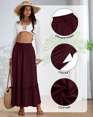 Ficerd 3 Pack Women's Boho Maxi Skirts, Long Tiered Skirt Flowy Ruffle High Waist Drawsting Casual Dress with Pockets in Saudi Arabia