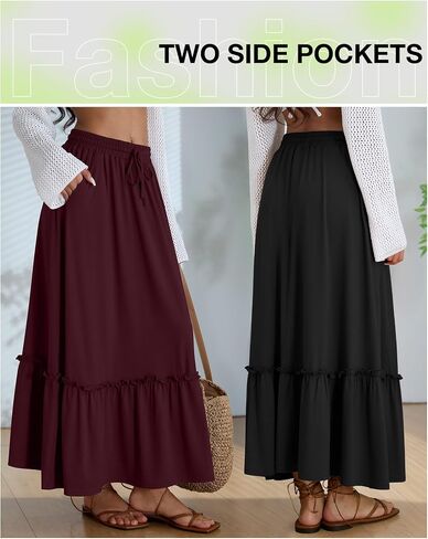 Ficerd 3 Pack Women's Boho Maxi Skirts, Long Tiered Skirt Flowy Ruffle High Waist Drawsting Casual Dress with Pockets in Saudi Arabia