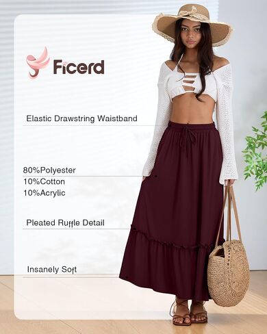 Ficerd 3 Pack Women's Boho Maxi Skirts, Long Tiered Skirt Flowy Ruffle High Waist Drawsting Casual Dress with Pockets in Saudi Arabia