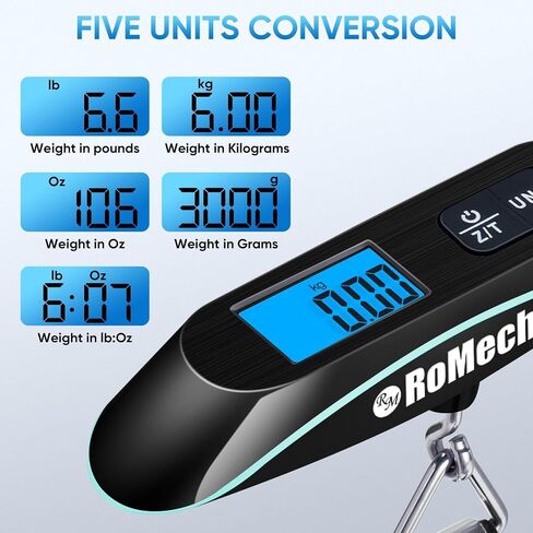 مقياس أمتعة Romech مع الإضاءة الخلفية ، مقياس وزن حقيبة رقمية محمولة ، حمولة 110 رطل مع الخطاف ، أساسيات السفر لتعليق الأمتعة (تضمنت البطارية ، الفضة) in Kuwait