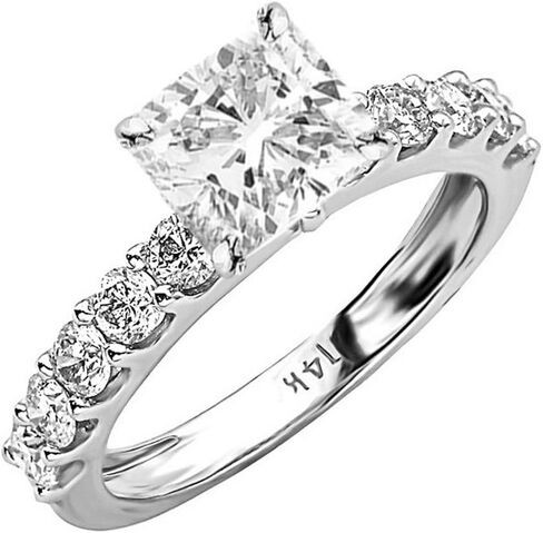 3 Ctw Cushion Cut Classic Side Stone Prong Set 14K White Gold Diamond Engagement Ring (H-I Color I1-I2 Clarity 2 Ct Center) in Kuwait